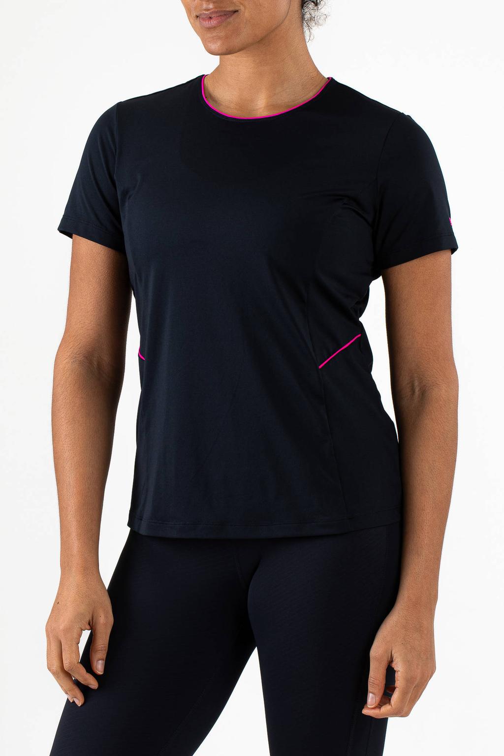 Donkerblauwe dames Sjeng Sports sportshirt Ineya van polyester met korte mouwen en ronde hals