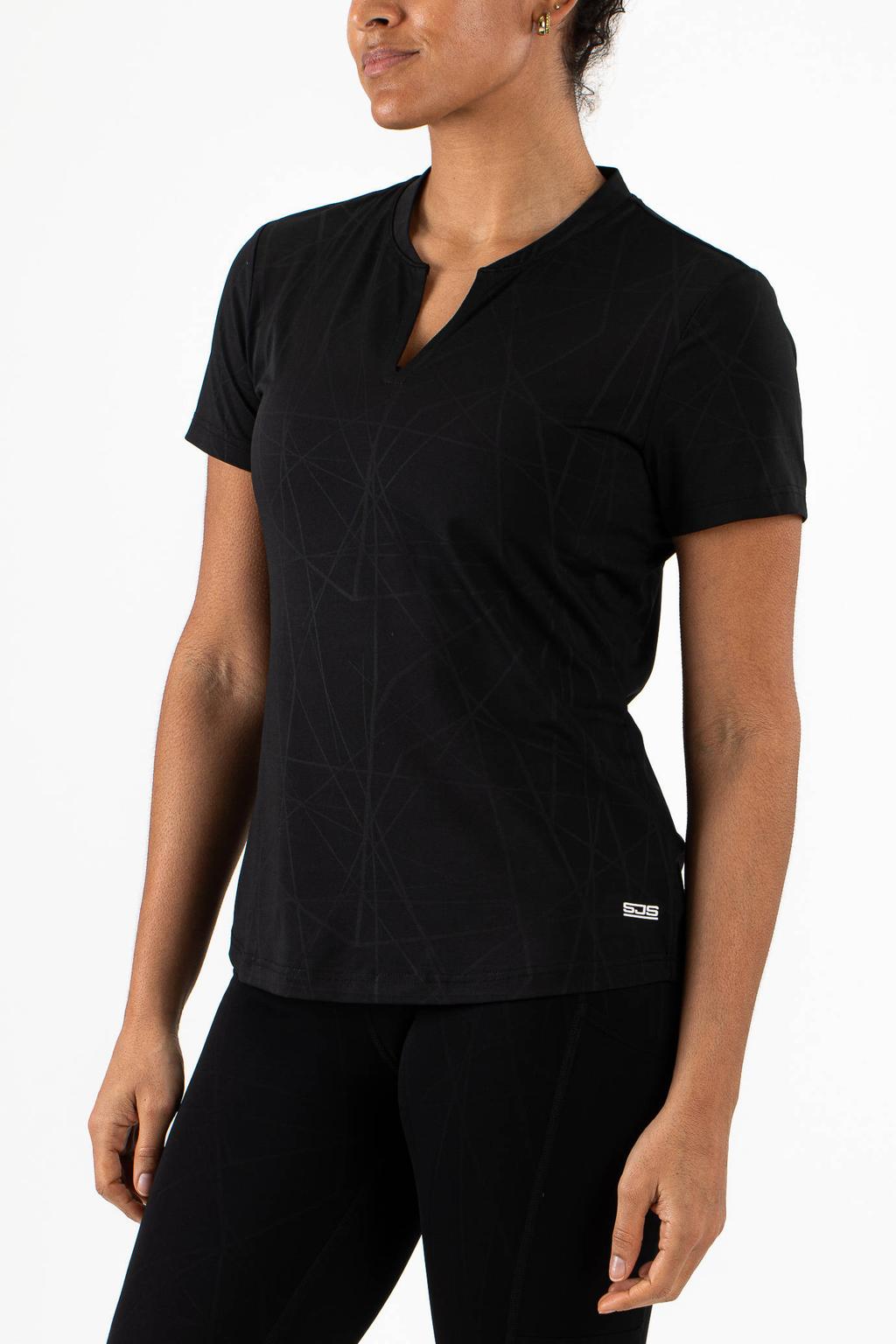 Zwarte dames Sjeng Sports sportshirt Shae van polyester met effen, korte mouwen en V-hals