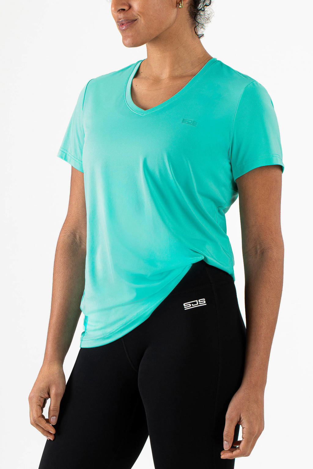 Turquoise dames Sjeng Sports sportshirt Ines van polyester met effen, korte mouwen en V-hals