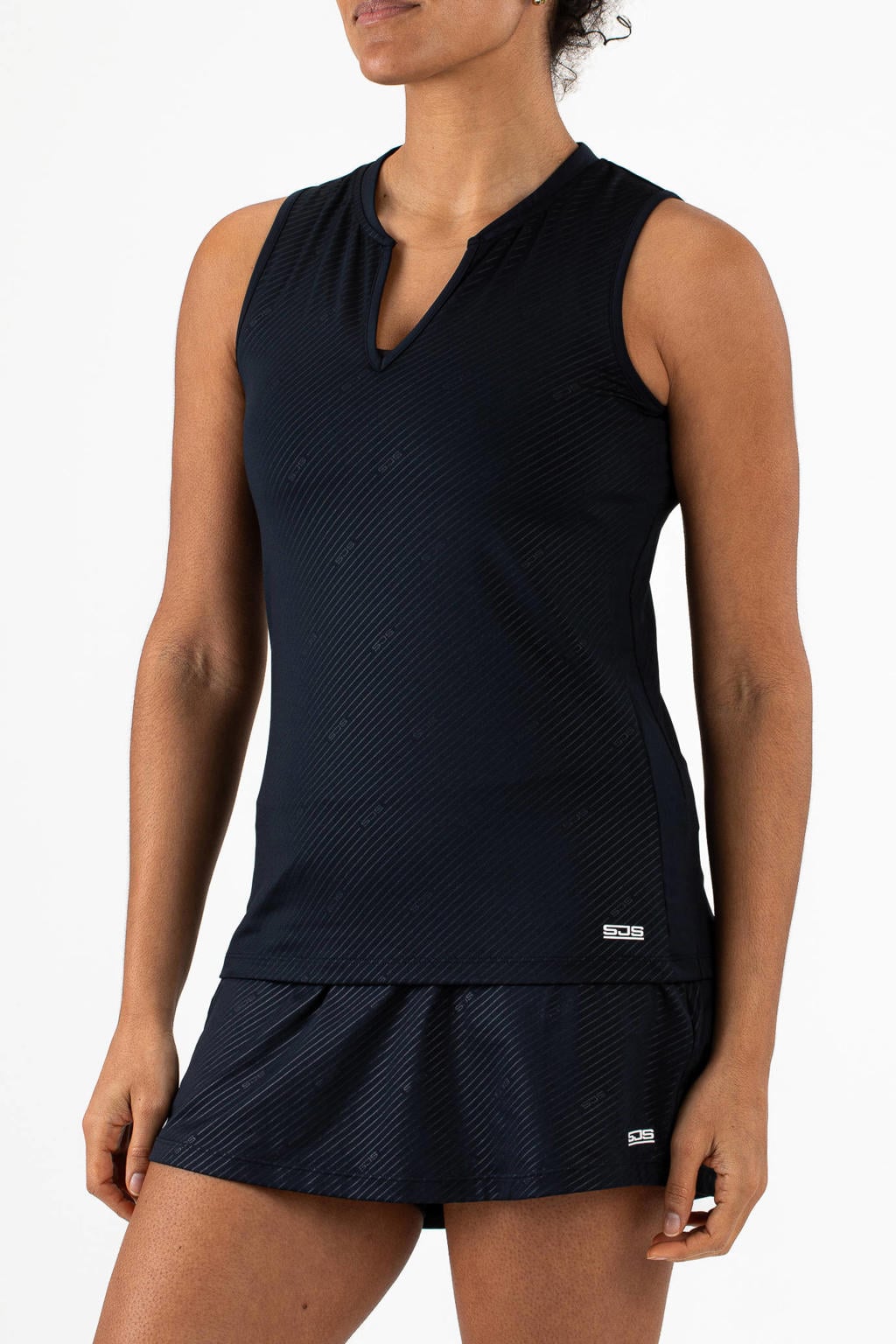 Donkerblauwe dames Sjeng Sports sporttop Jennah van polyester met strepenprint en V-hals
