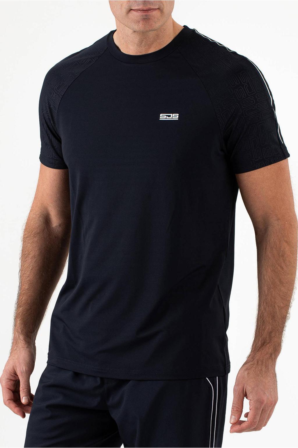 Donkerblauwe heren Sjeng Sports sportshirt Bodie van polyester met korte mouwen en ronde hals