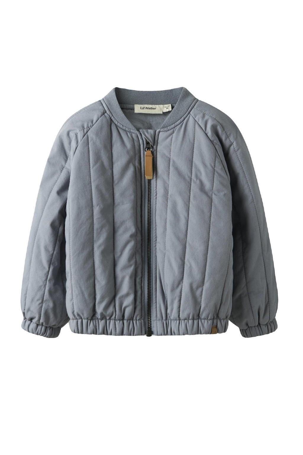 Grijsblauwe jongens LIL' ATELIER MINI bomberjack blauw van katoen met effen, lange mouwen, ronde hals, ritssluiting en borduursels