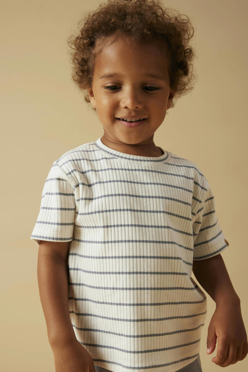 Wit en lichtblauwe jongens LIL' ATELIER MINI gestreepte T-shirt van katoen met korte mouwen, ronde hals en gebreide details