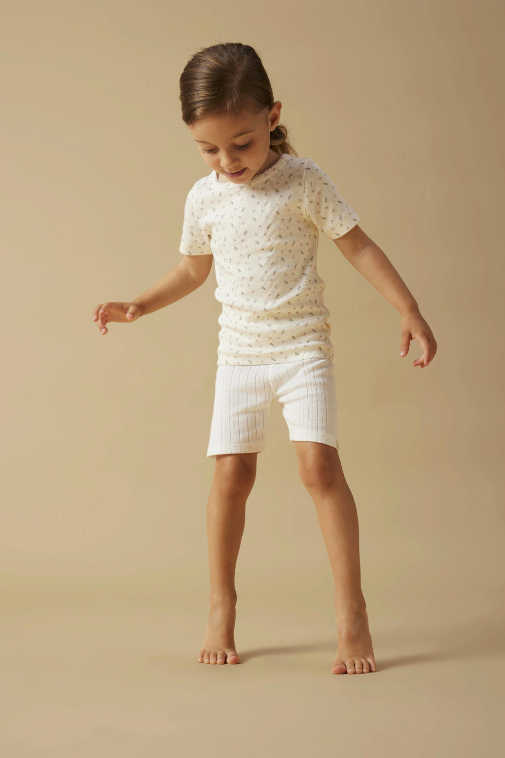 Wit en roze meisjes LIL' ATELIER MINI gebloemde T-shirt van katoen met korte mouwen en ronde hals