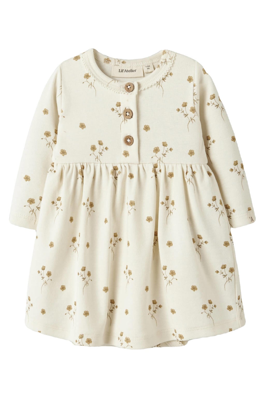 Ecru meisjes LIL' ATELIER BABY gebloemde korte jurk van katoen met lange mouwen, ronde hals en plooien