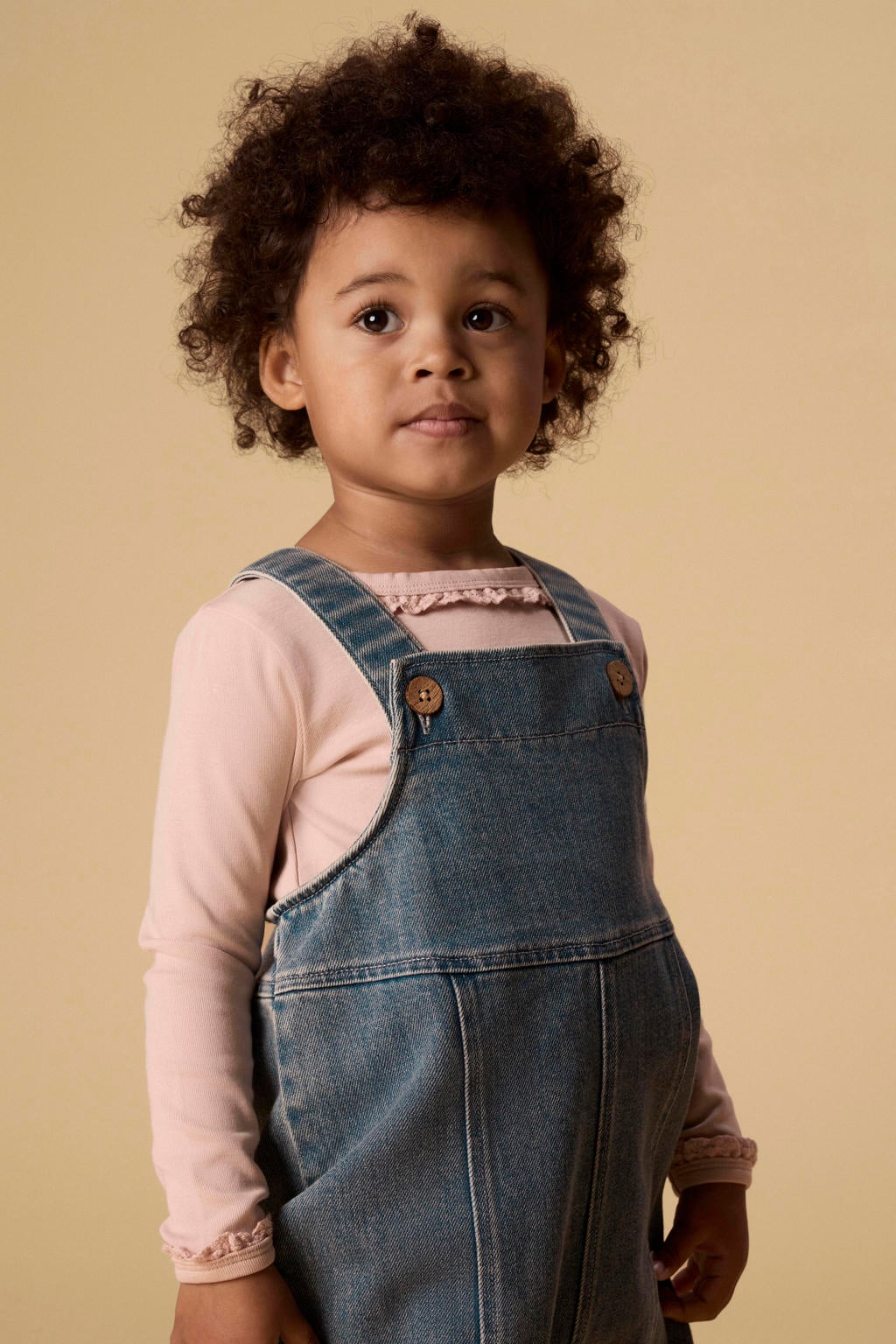 Beige meisjes LIL' ATELIER MINI longsleeve van katoen met effen, lange mouwen, ronde hals en ruches