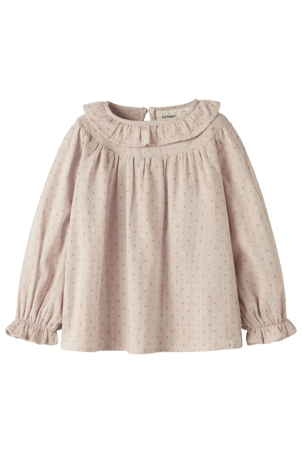 Lichtroze meisjes LIL' ATELIER MINI blousetop van katoen met lange mouwen, ronde hals, knoopsluiting en ruches