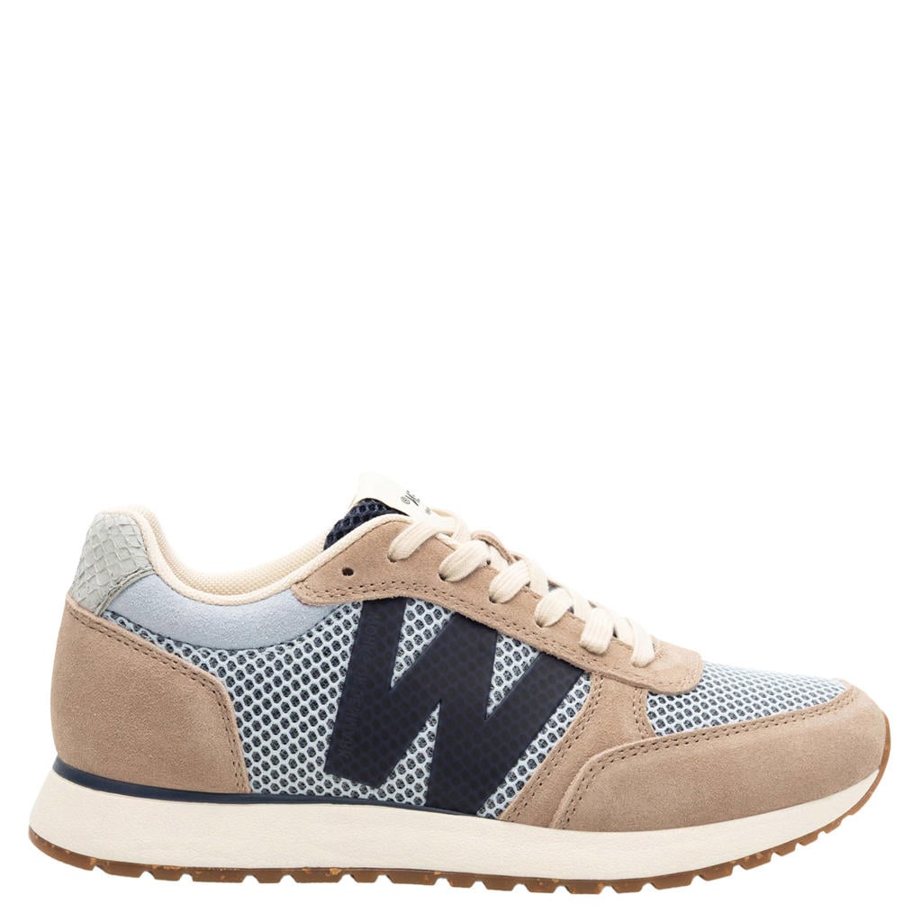 Beige en blauwe dames Woden Ronja Icon suède sneakers met veters