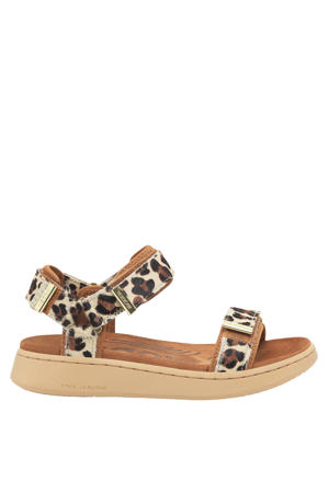 leren sandalen met ponyhair en panterprint beige/bruin/zwart