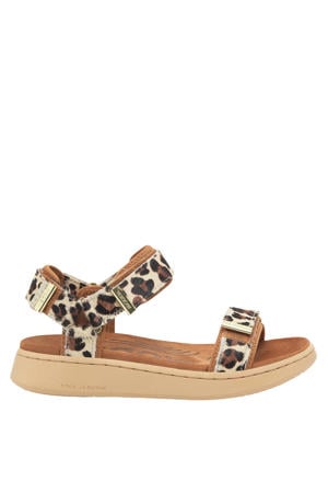 leren sandalen met ponyhair en panterprint beige/bruin/zwart