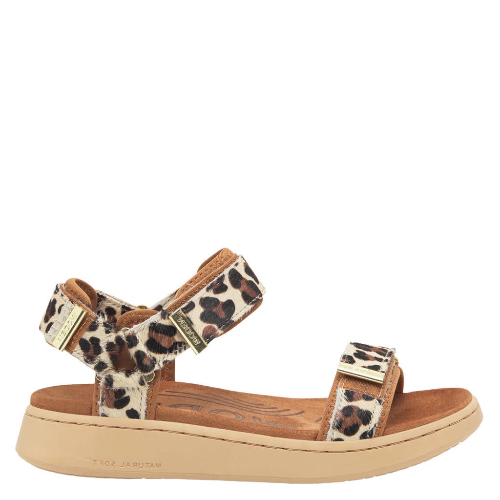 Beige, bruin en zwarte dames Woden leren sandalen met ponyhair en met panterprint