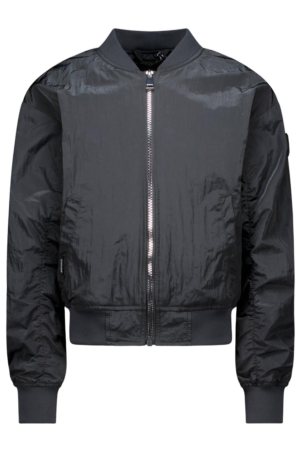 Antraciete meisjes Airforce bomberjack van nylon met effen, lange mouwen, ronde hals en ritssluiting