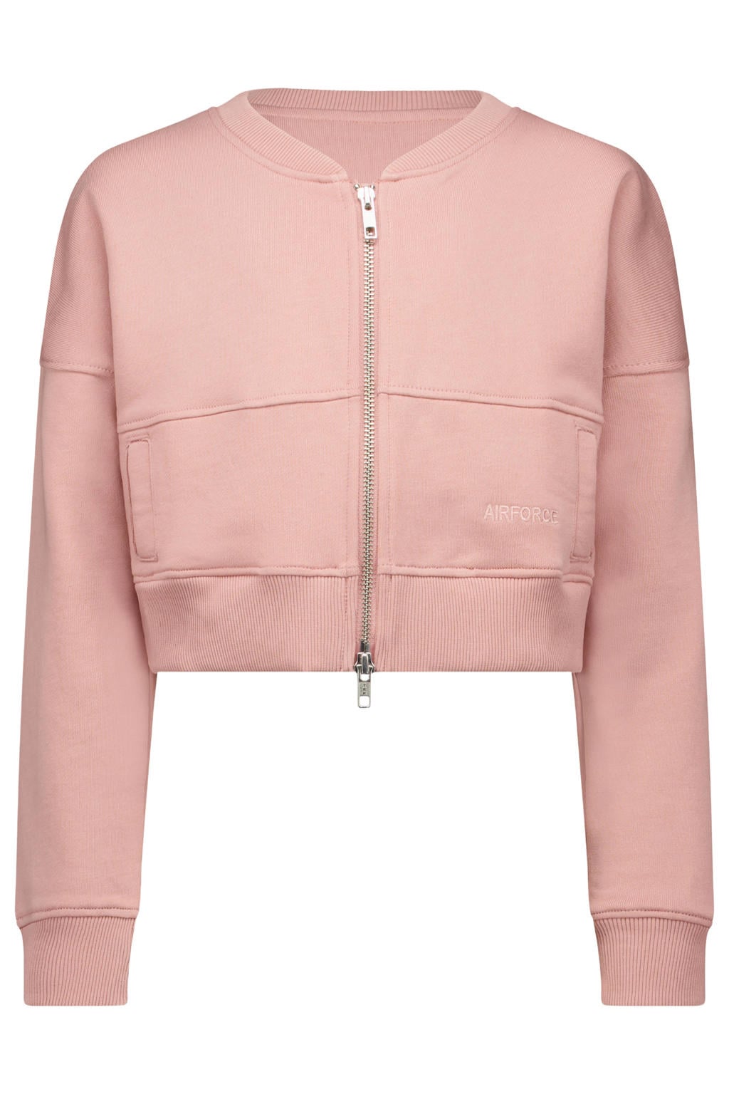 Lichtroze meisjes Airforce sweatvest met effen, lange mouwen, ronde hals, ritssluiting en geribde boorden