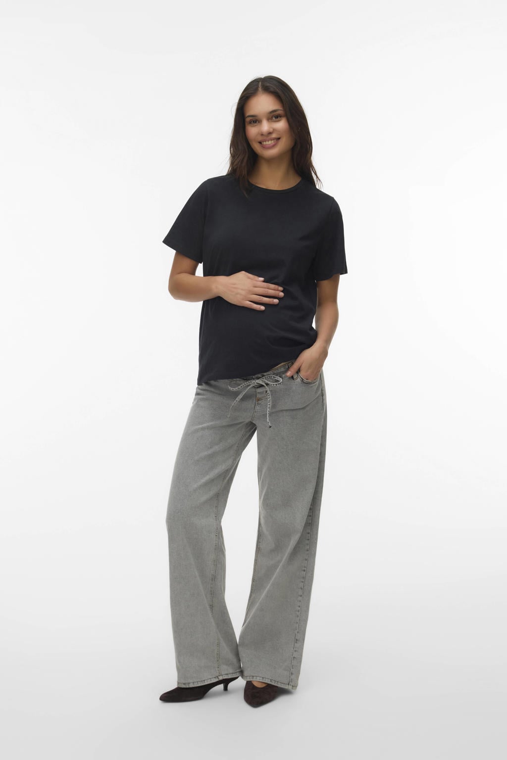 Grey denim dames MAMALICIOUS Mlfula zwangerschaps wide leg jeans van denim met rits- en knoopsluiting en effen