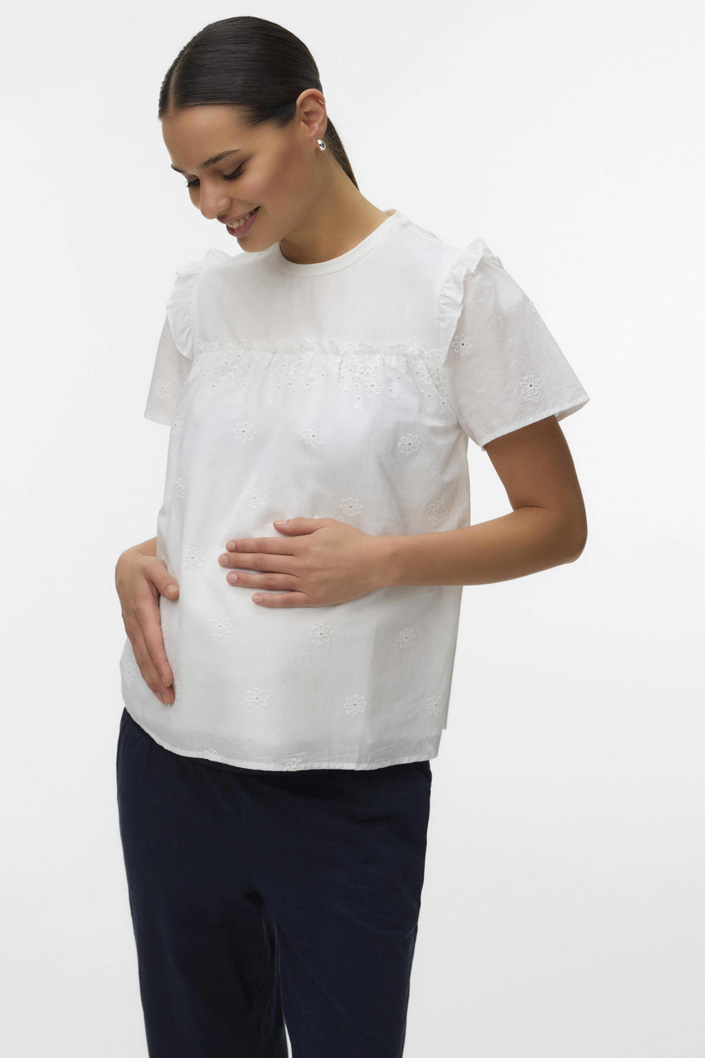 Witte dames MAMALICIOUS zwangerschaps top met effen, korte mouwen, ronde hals en borduursels