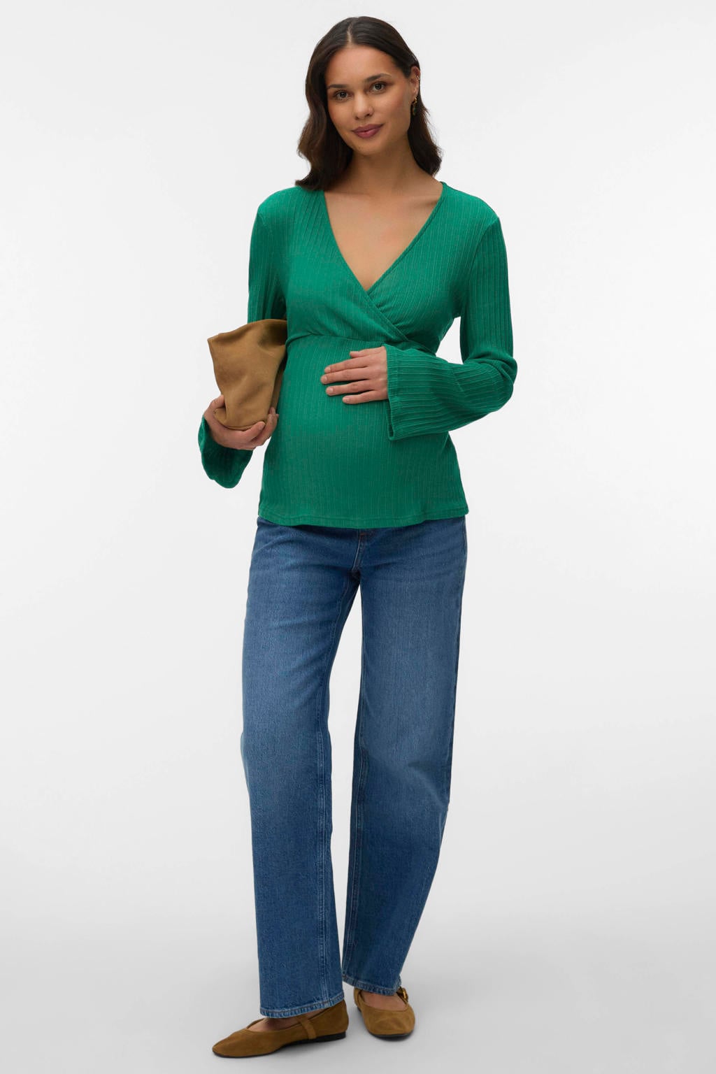 Groene dames MAMALICIOUS zwangerschaps top rib gebreid van polyester met effen, lange mouwen en V-hals