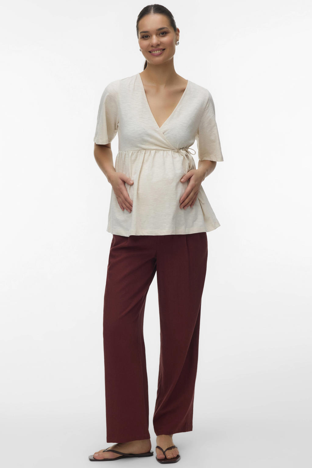 Beige dames MAMALICIOUS zwangerschaps- en voedings overslagtop met korte mouwen en V-hals