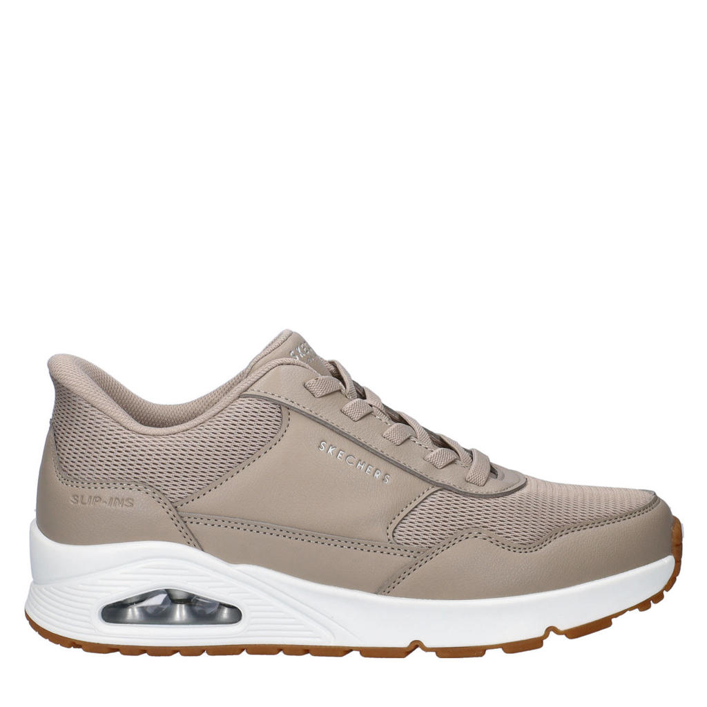 Taupe heren Skechers Hands Free Slip-Ins Uno sneakers van imitatieleer en textiel met veters