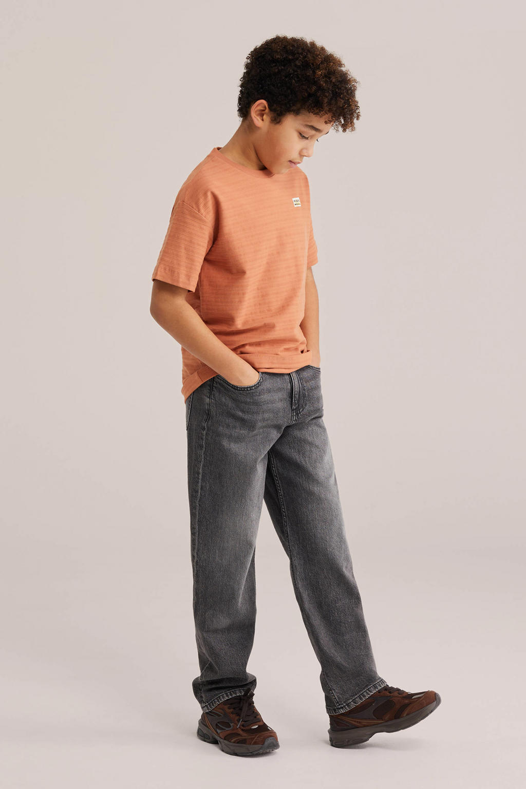 Donker oranje jongens WE Fashion T-shirt van katoen met effen, korte mouwen, ronde hals en textuur