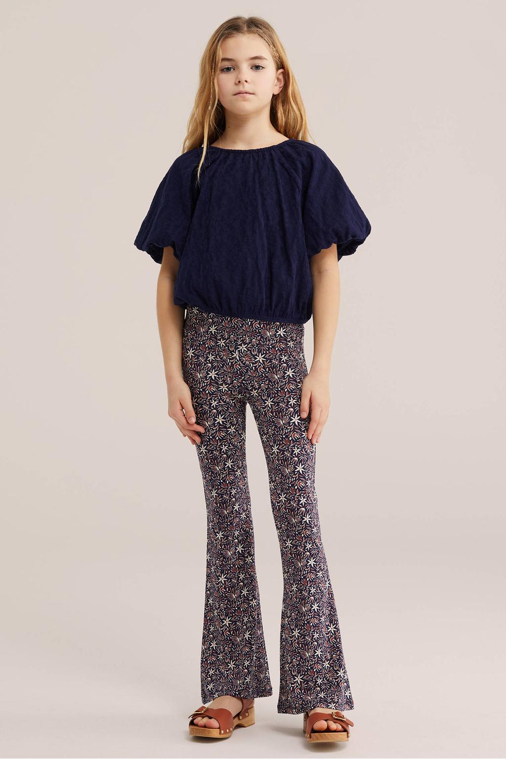 Donkerblauwe meisjes WE Fashion blousetop van katoen met effen, korte mouwen, ronde hals en plooien