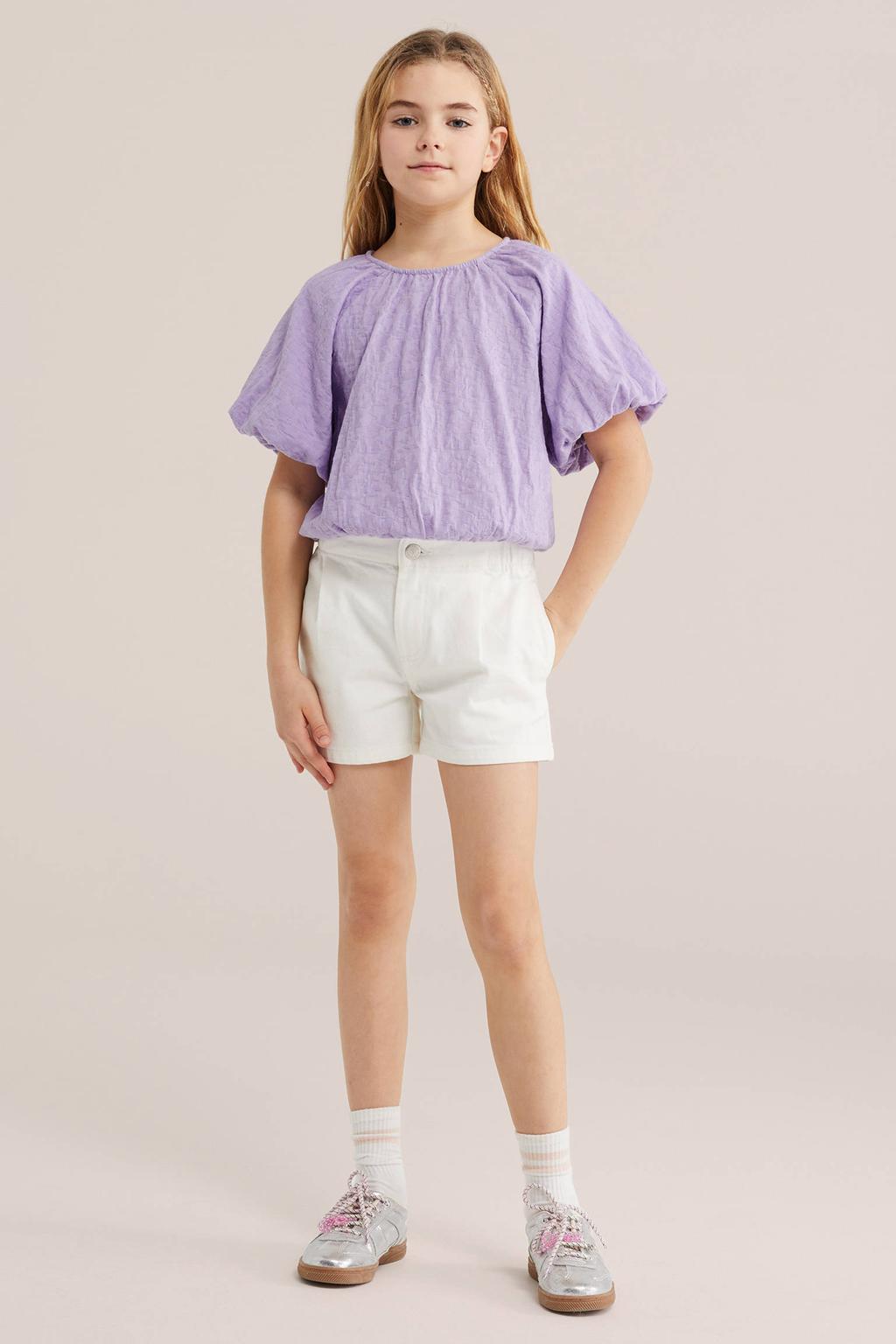 Lilakleurige meisjes WE Fashion blousetop van katoen met effen, korte mouwen, ronde hals en plooien