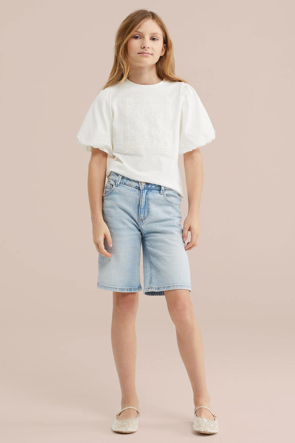 Witte meisjes WE Fashion T-shirt broderie van katoen met effen, korte mouwen, ronde hals en borduursels