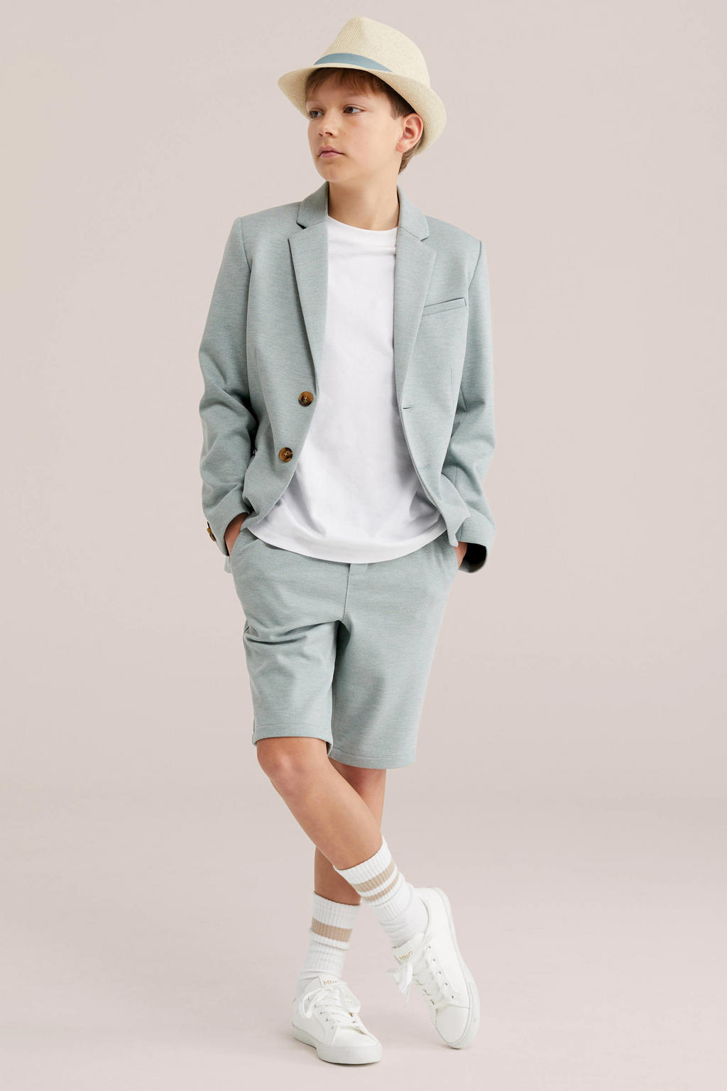Grijsblauwe jongens WE Fashion slim chino short blauw van polyester met elastische tailleband met koord en effen