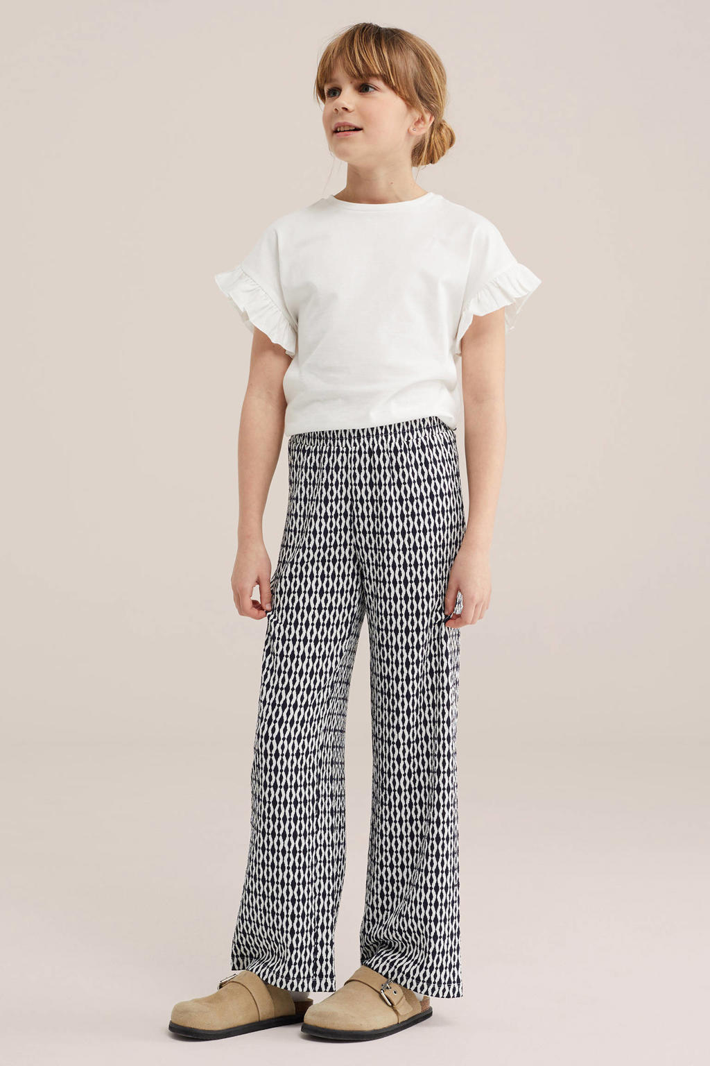 Donkerblauwe meisjes WE Fashion palazzo broek van polyester met loose fit en elastische tailleband