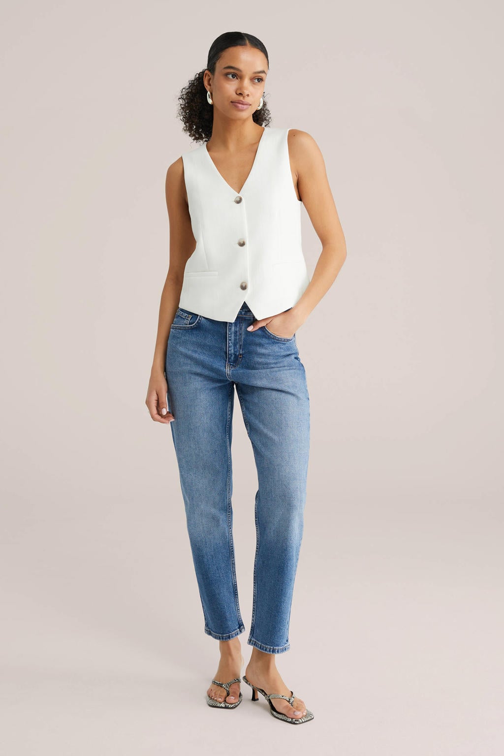 Medium blue denim dames WE Fashion Blue Ridge high waist regular fit jeans van denim met effen