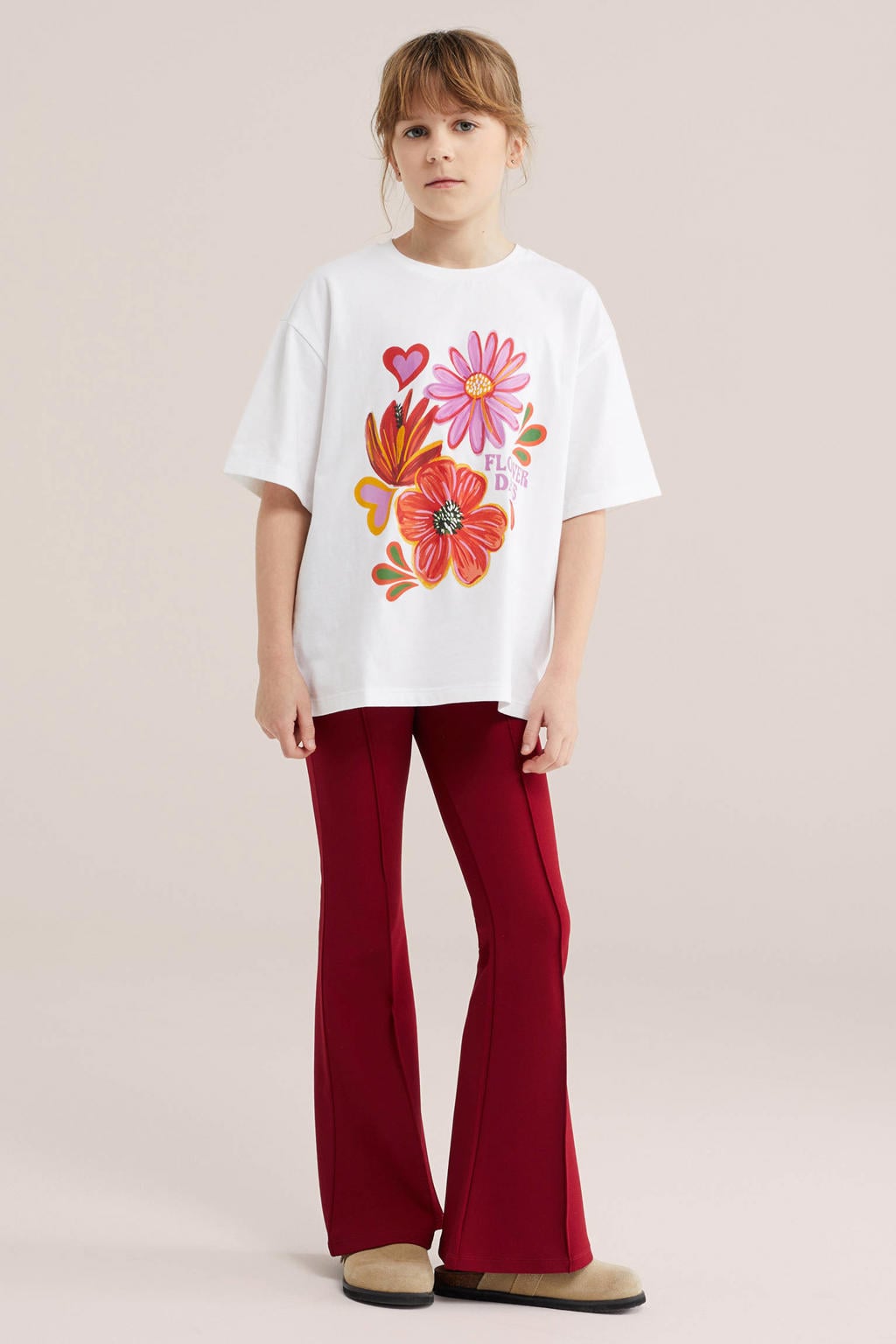 Donkerrode meisjes WE Fashion casual broek van polyester met elastische tailleband en effen