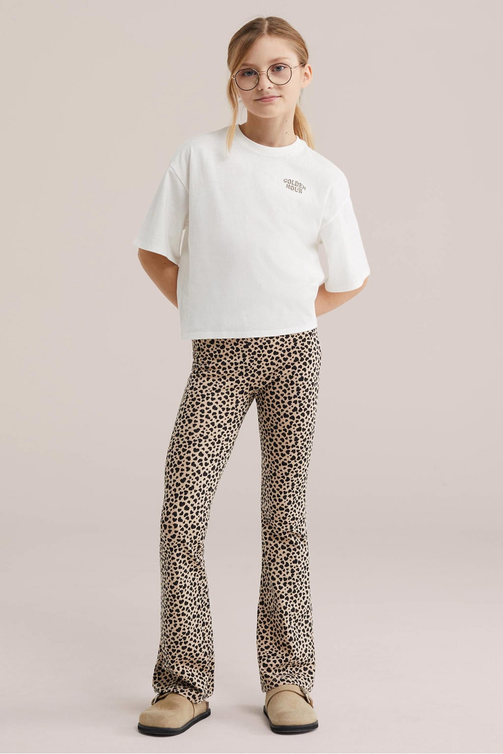 Wit en bruine meisjes WE Fashion T-shirt van katoen met backprint, korte mouwen en ronde hals