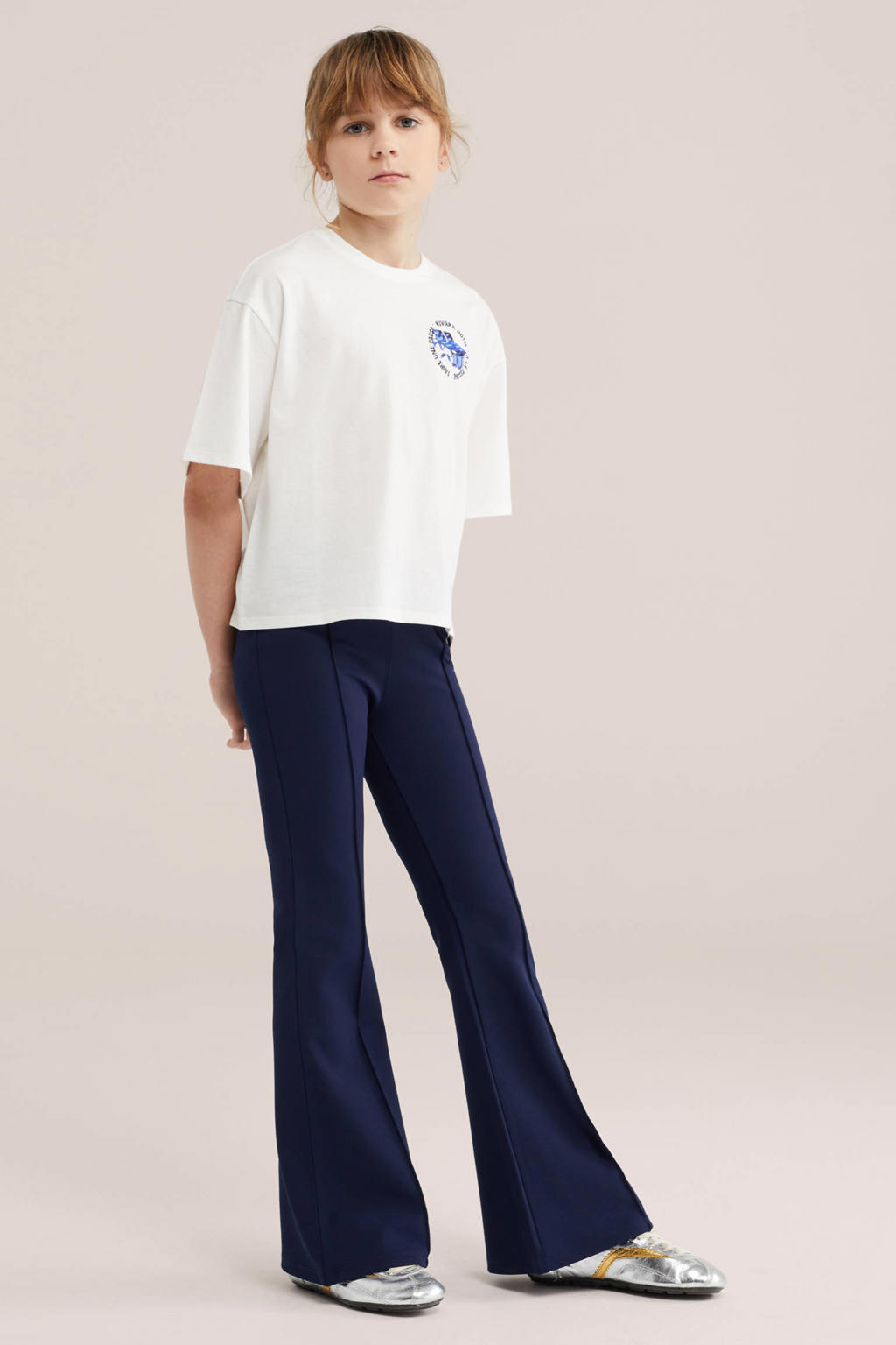 Donkerblauwe meisjes WE Fashion casual broek van polyester met elastische tailleband en effen