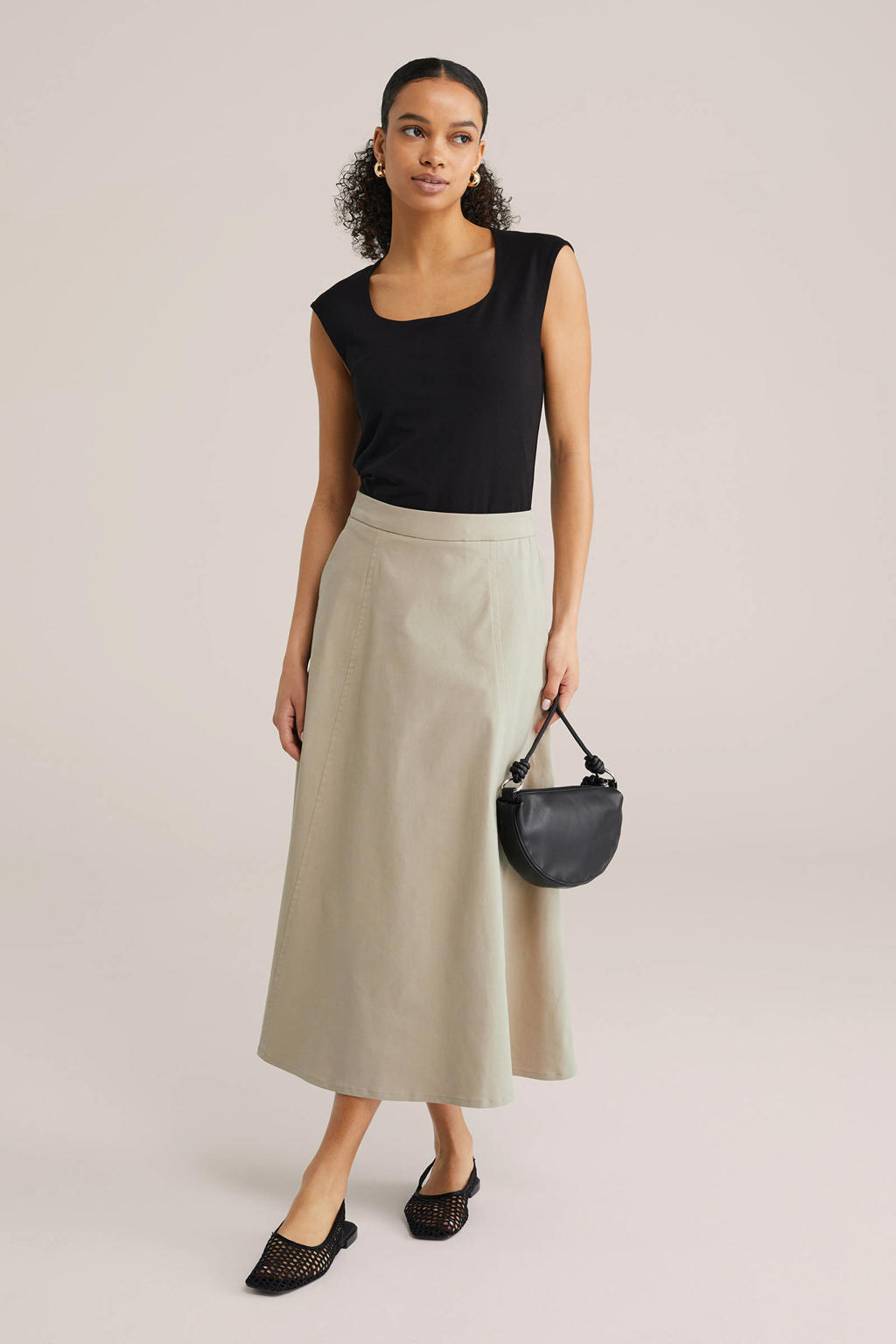 Beige dames WE Fashion midi rok gemaakt van lyocell en met elastische tailleband