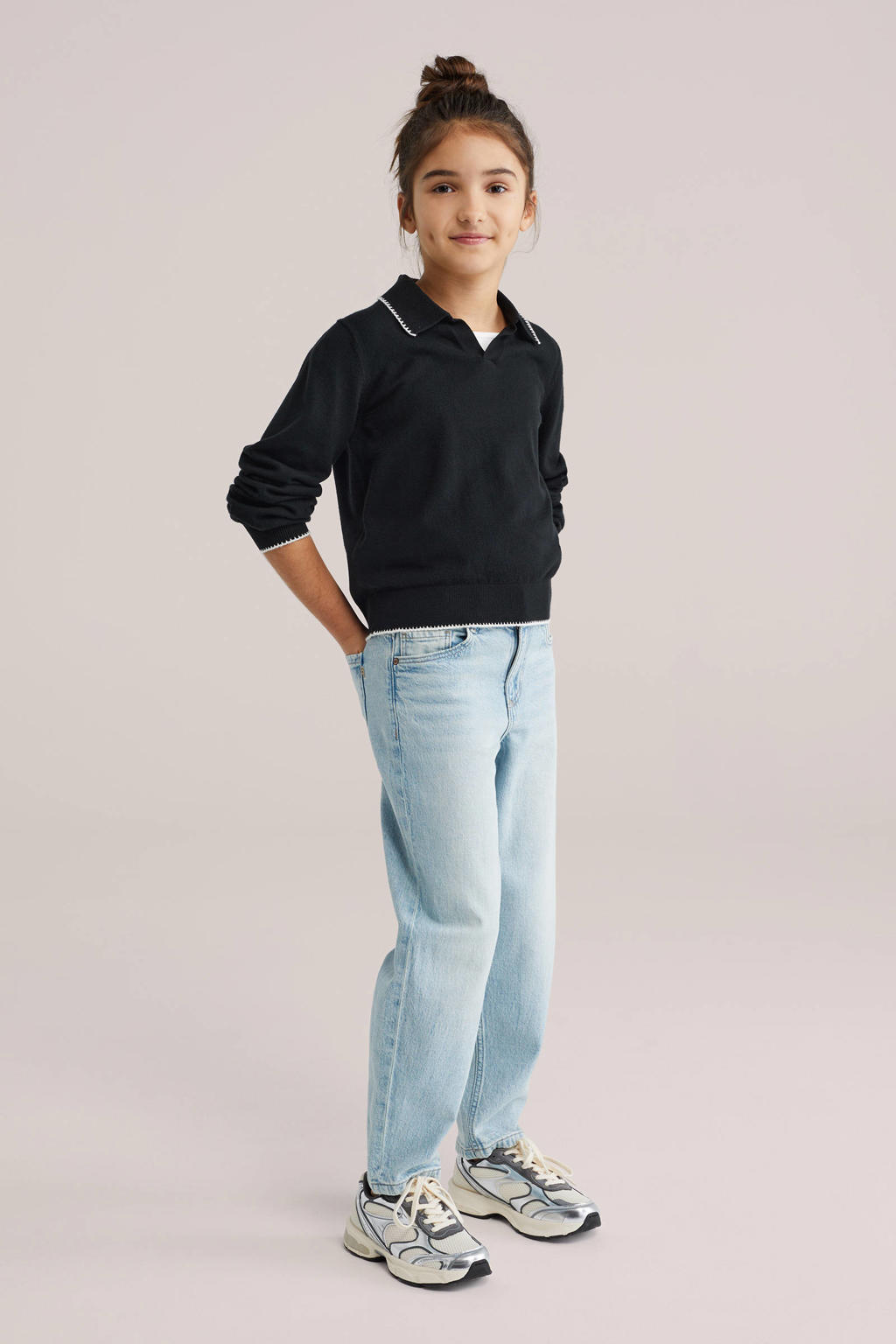 Zwarte meisjes WE Fashion gebreide trui van viscose met effen, lange mouwen en polo kraag