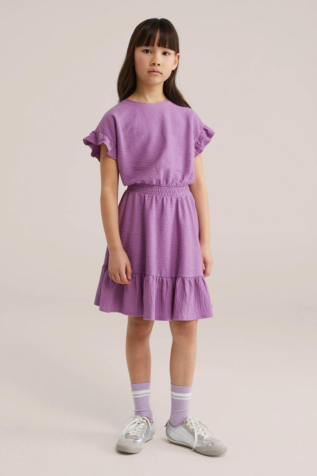 Paarse meisjes WE Fashion A-lijn jurk van katoen met effen, korte mouwen, ronde hals en ruches