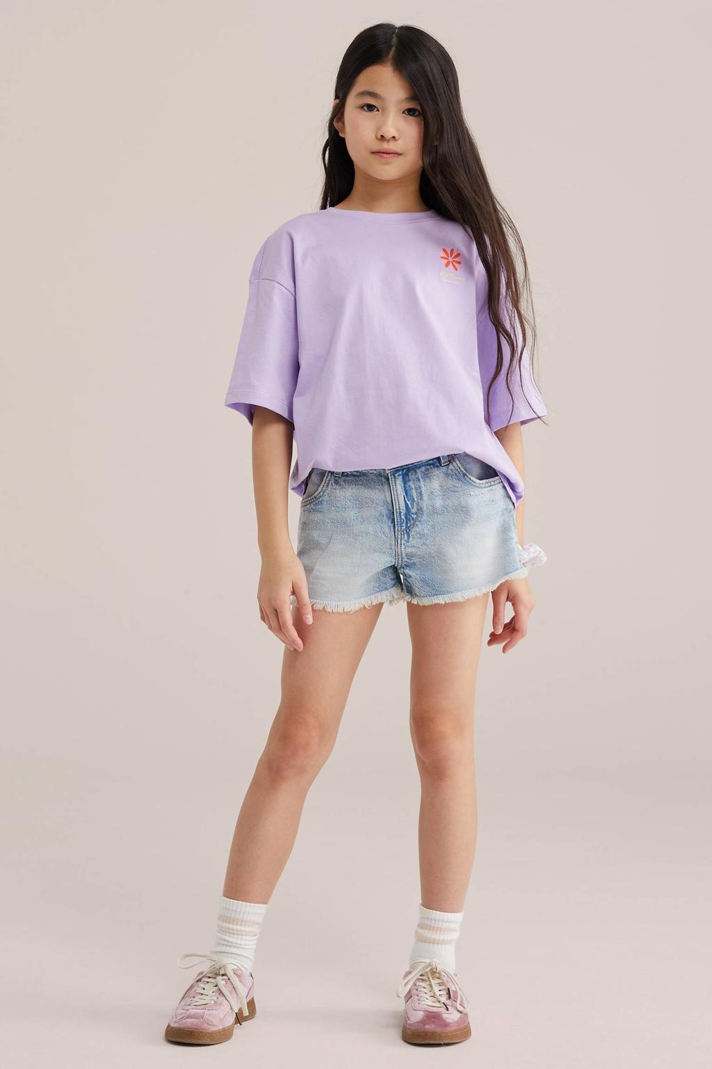 Light blue denim meisjes WE Fashion Blue Ridge straight short van denim met rits- en knoopsluiting en effen