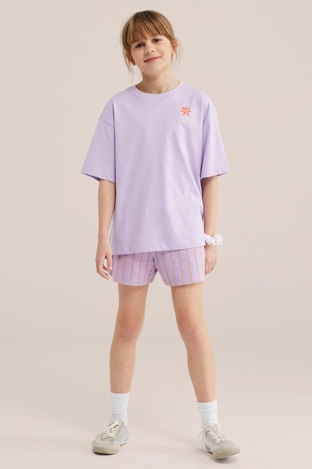 Lilakleurige meisjes WE Fashion straight gestreepte casual short van stretchkatoen met elastische tailleband
