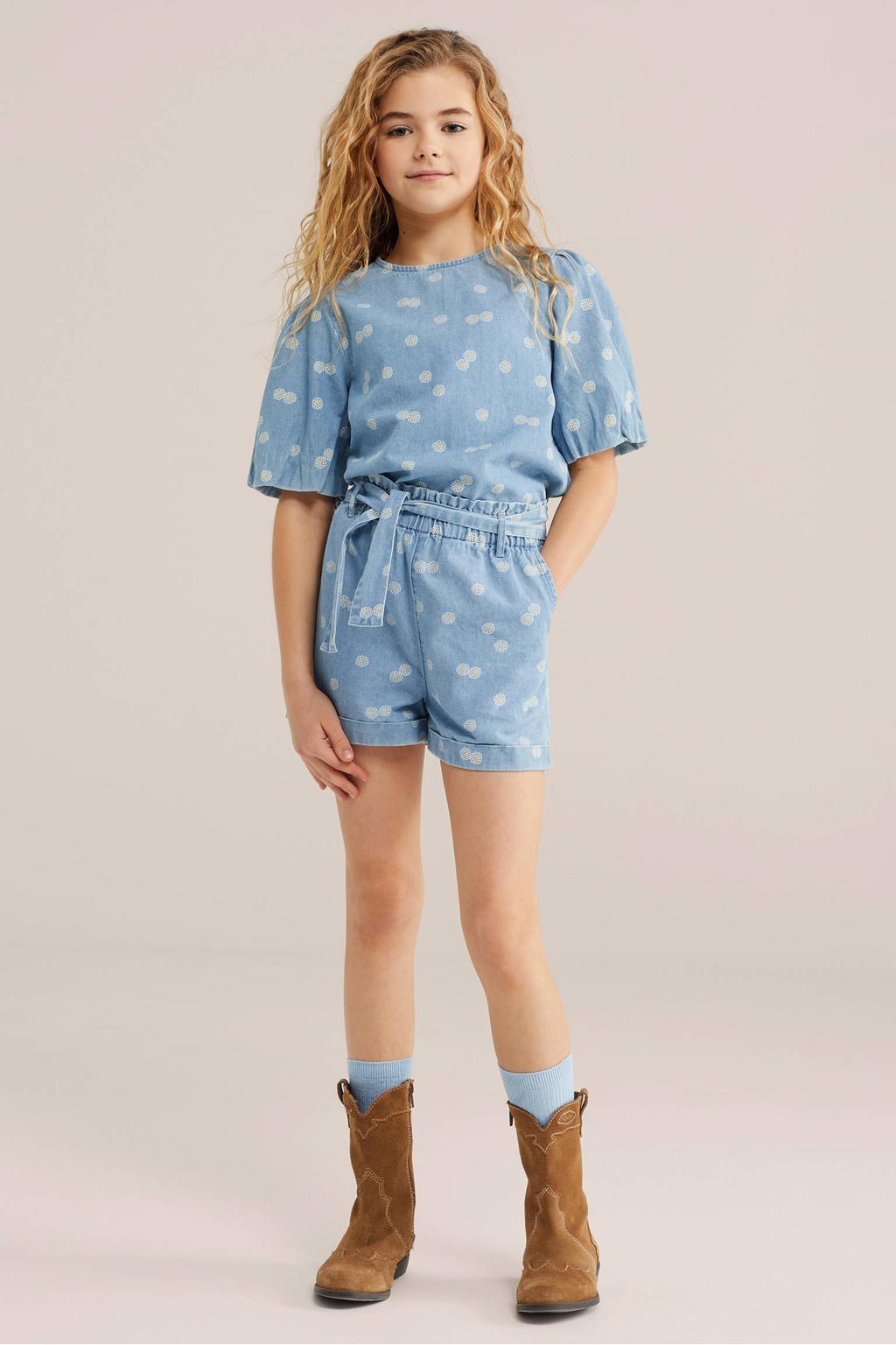 Light blue denim meisjes WE Fashion Blue Ridge straight short van denim met elastische tailleband en bloemenprint