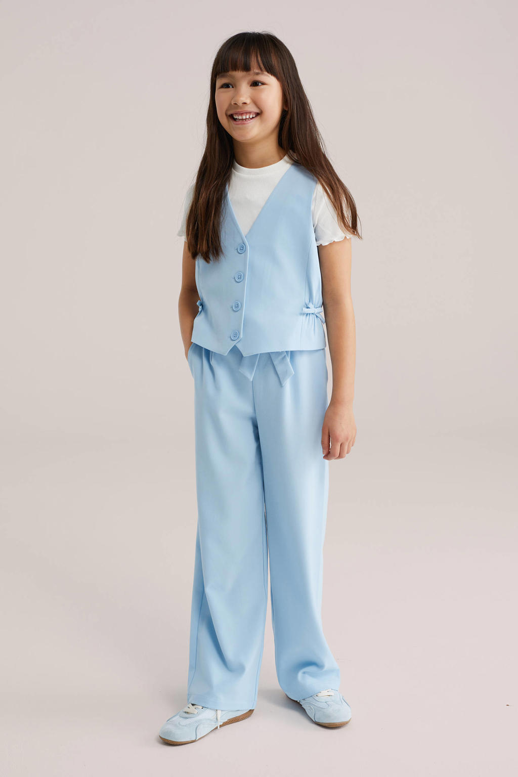 Lichtblauwe meisjes WE Fashion gilet van polyester met effen, V-hals en knoopsluiting