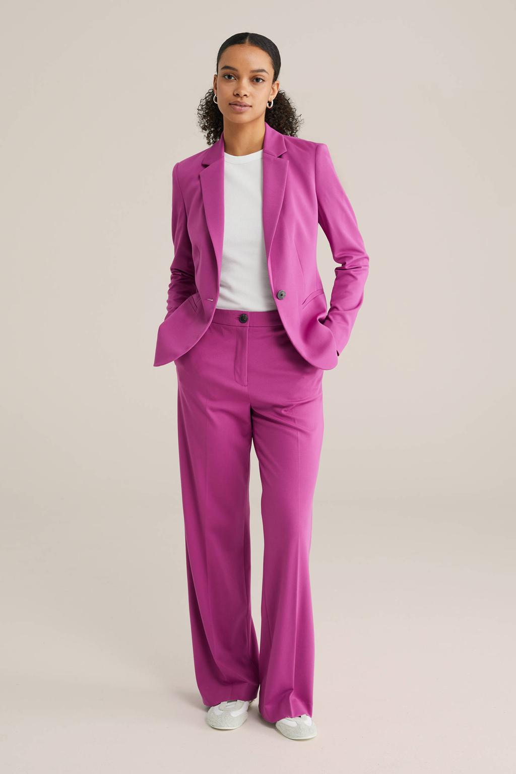Fuchsia dames WE Fashion jersey getailleerde blazer met effen, lange mouwen, reverskraag en knoopsluiting