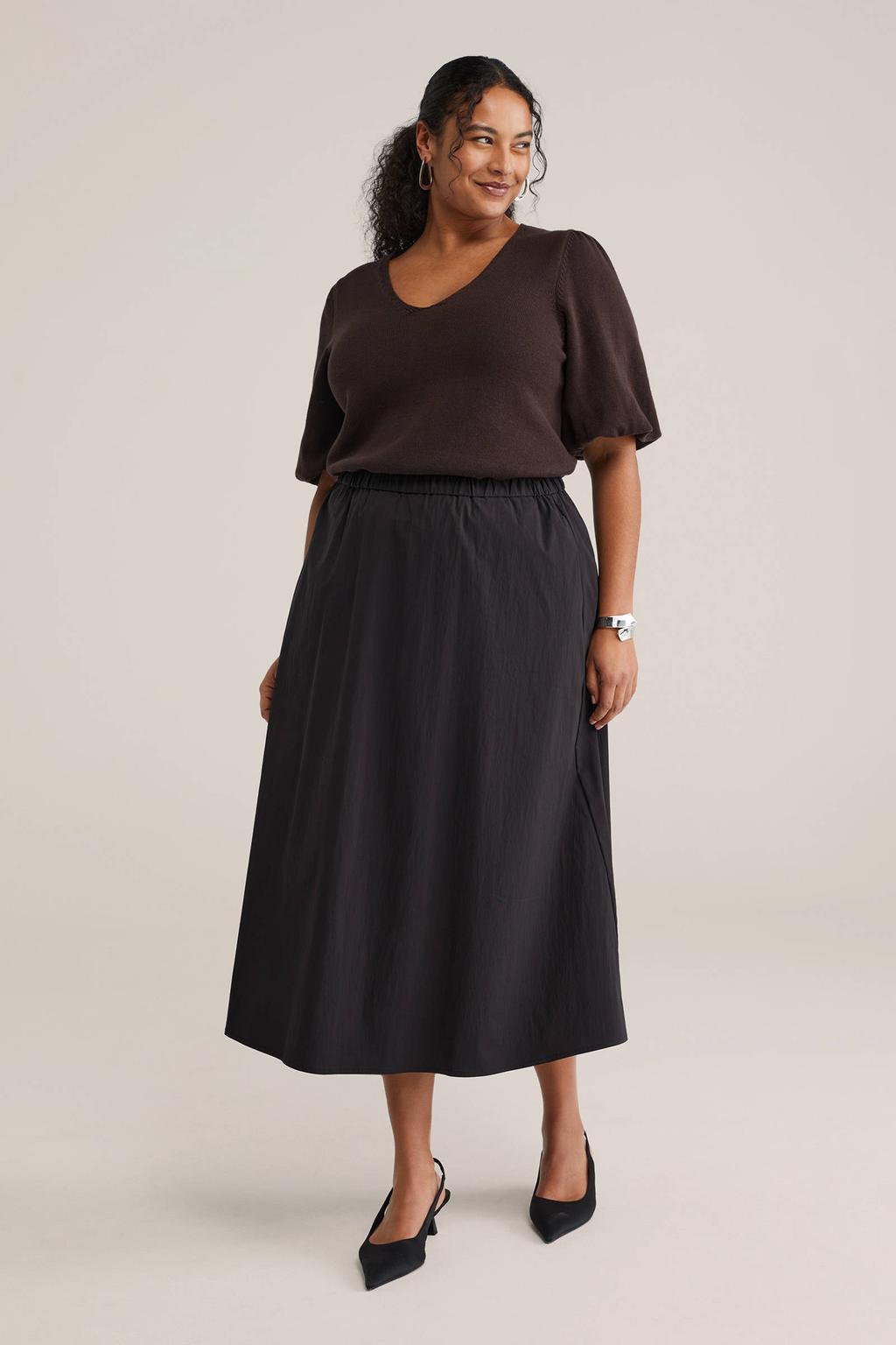 Zwarte dames WE Fashion Curve midi rok gemaakt van katoen en met elastische tailleband