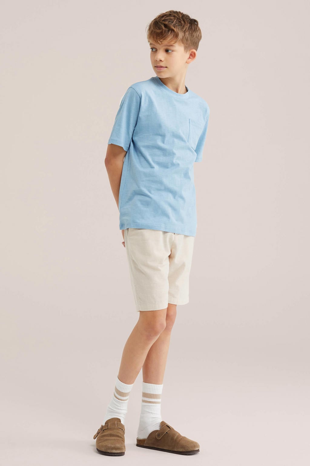 Lichtblauwe jongens WE Fashion Blue Ridge T-shirt van katoen met effen, korte mouwen en ronde hals