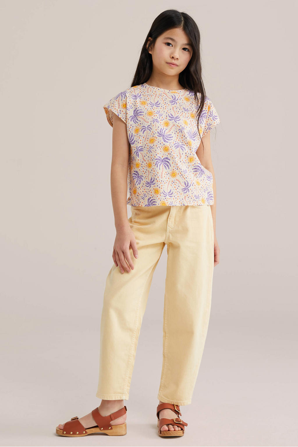 Beige meisjes WE Fashion T-shirt van katoen met korte mouwen en ronde hals