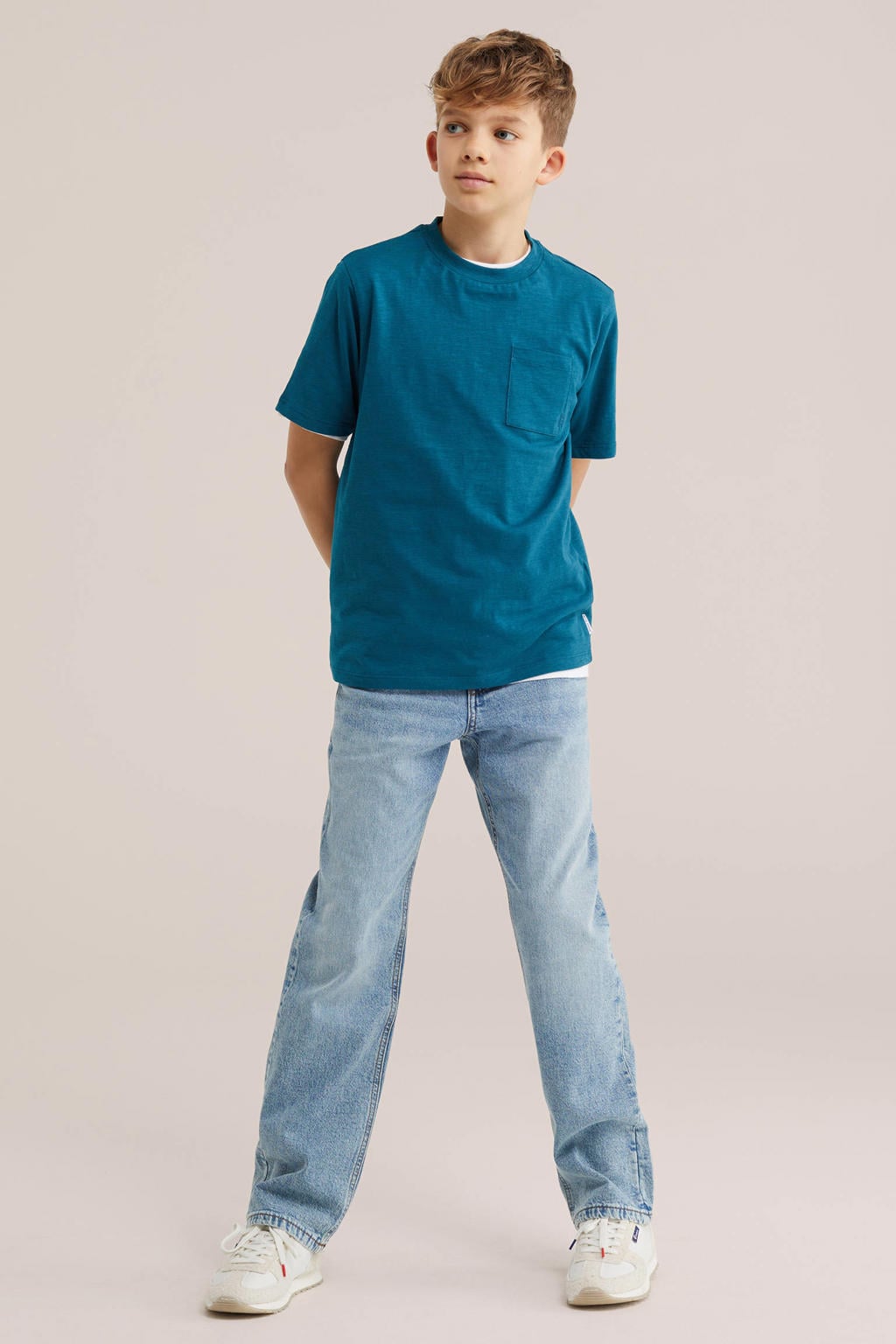 Donkerblauwe jongens WE Fashion Blue Ridge T-shirt van katoen met effen, korte mouwen en ronde hals