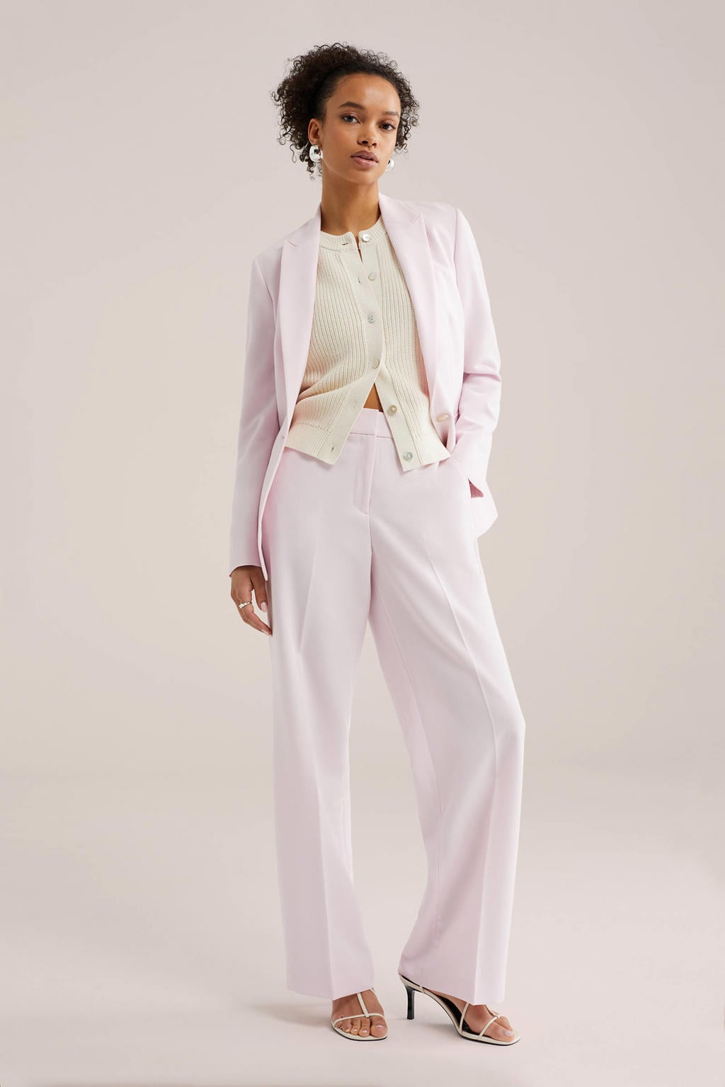 Lichtroze dames WE Fashion wide leg broek met rits- en haaksluiting en effen