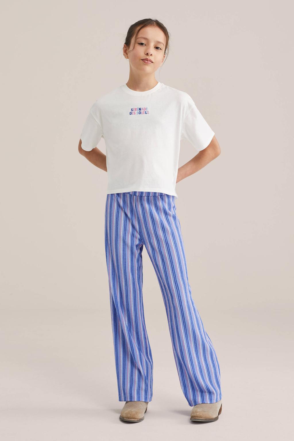 Blauwe meisjes WE Fashion palazzo broek van polyester met loose fit, elastische tailleband en strepenprint