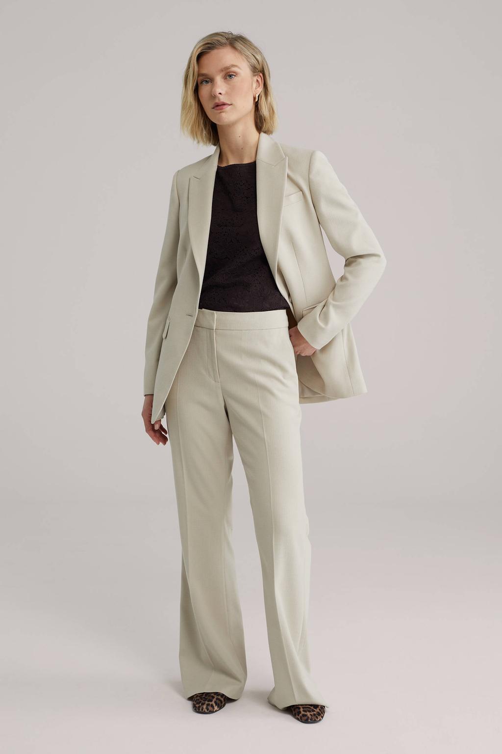 Beige dames WE Fashion regular waist flared broek van polyester met rits, haak- en knoopsluiting en effen
