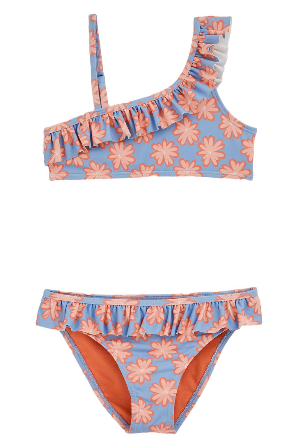 WE Fashion one shoulder bikini met ruches blauw/roze