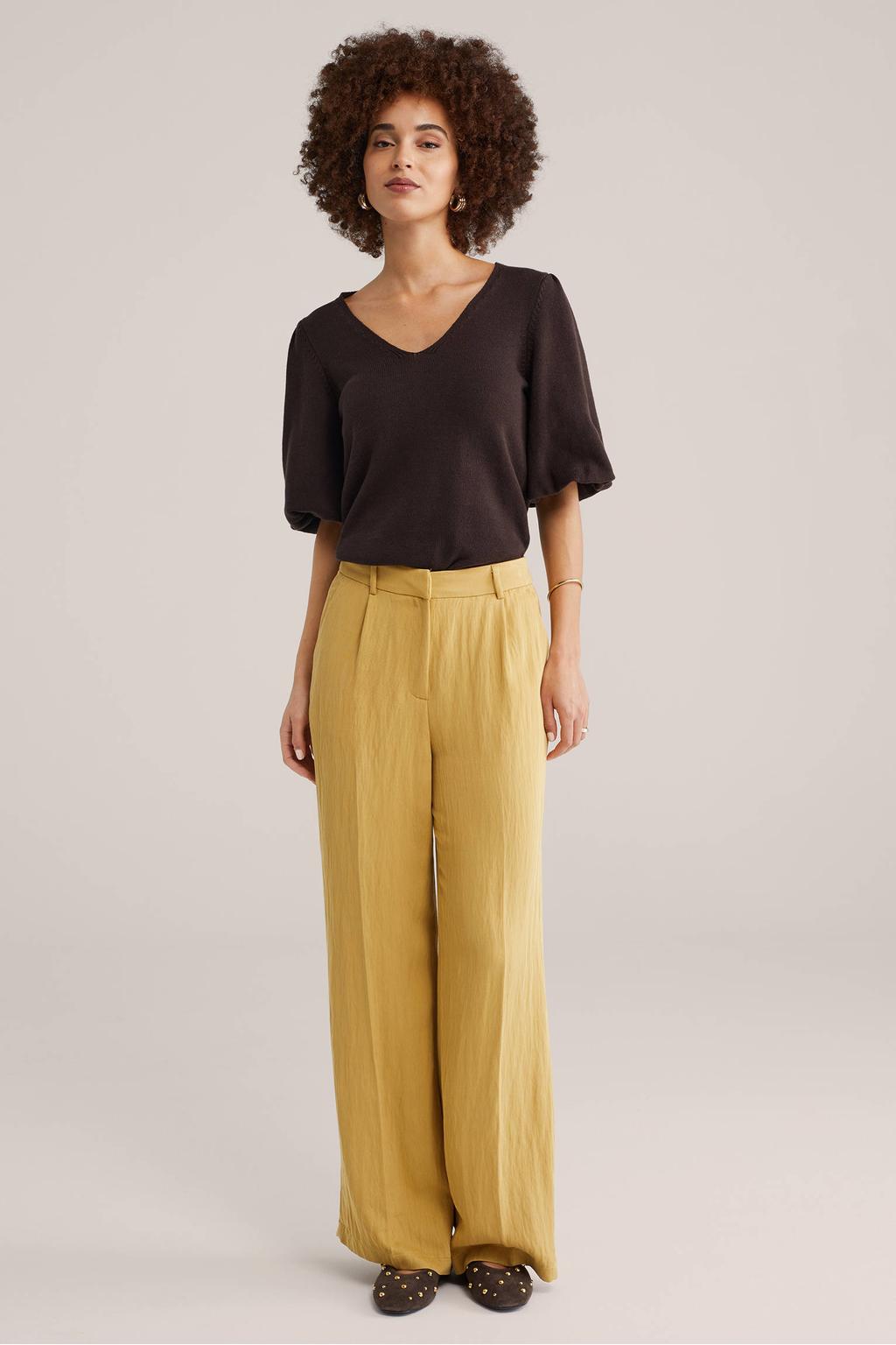 Okergele dames WE Fashion wide leg high waist broek van viscose met haaksluiting en effen
