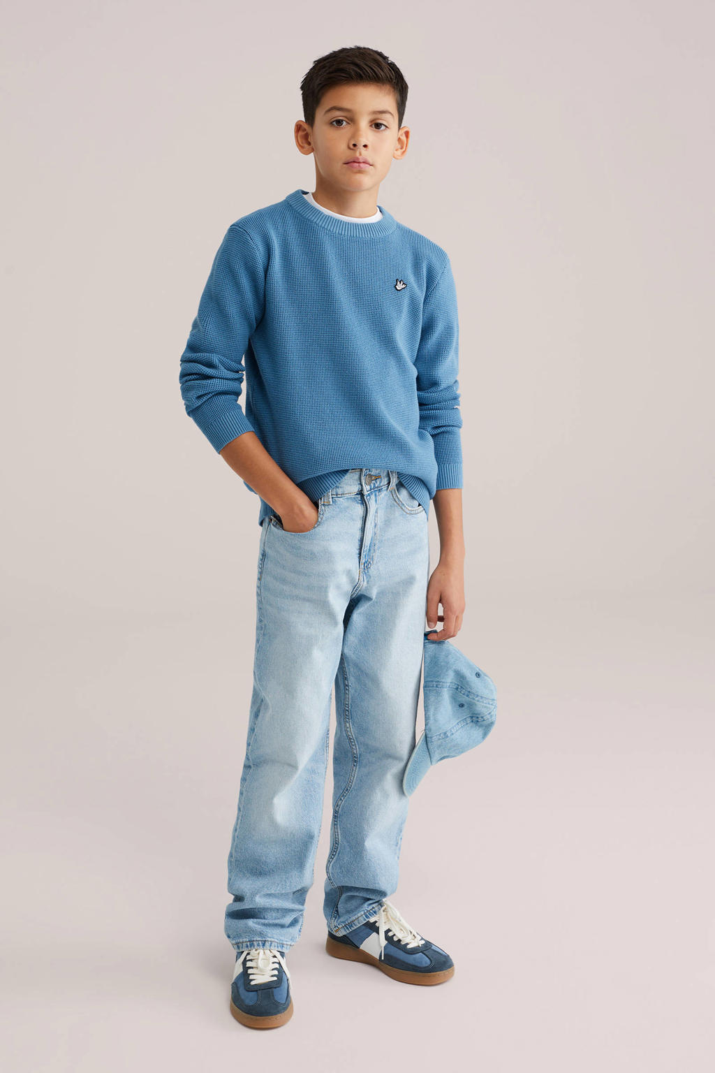 Blauwe jongens WE Fashion trui fijn gebreid van sweat materiaal met effen, lange mouwen en ronde hals